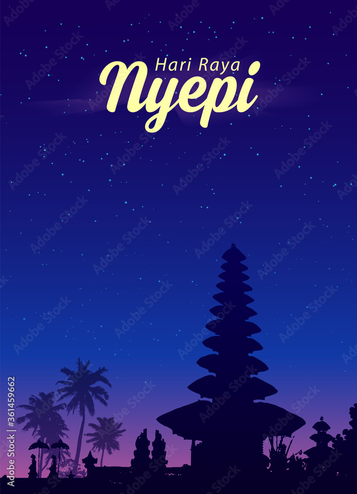 Black balinese temple silhouette on dark blue night sky and palm trees background. Vector Nyepi poster template.