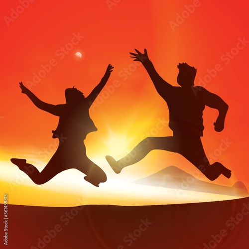 Silhouette of a couple jumping