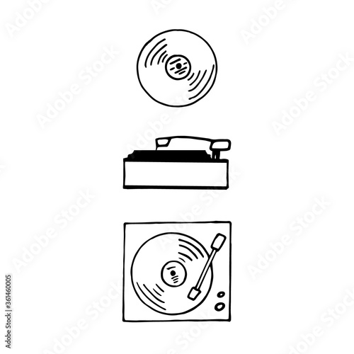 turntables and vinyl record hand drawn in doodle style. vector, scandinavian, monochrome. Set of elements for design card, sticker, poster, icon. music melody, 80s