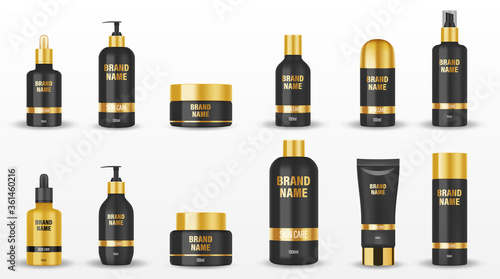 Set of black cosmetic packages with golden cup isolated. Mockup cosmetic containers and jars for cream, shampoo, spray, oil, gel, lotion bottle. Vector