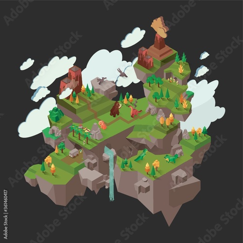 Isometric floating prehistoric island