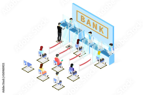 New normal isometric, Signs social distancing queues of people line at the bank counter, people wear face shield and face mask, Installing Plexiglas guards or sneeze guards to combat COVID-19.