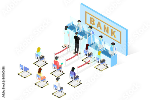 New normal isometric, Signs social distancing queues of people line at the bank counter, people wear face shield and face mask, Installing Plexiglas guards or sneeze guards to combat COVID-19.