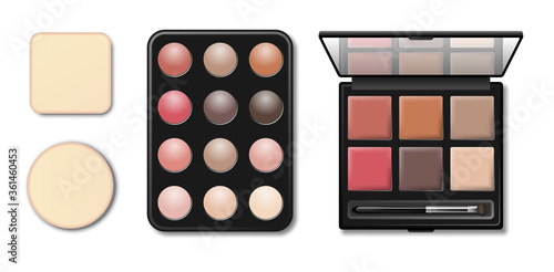 Eyeshadow makeup shaping palette. Realistic 3d black plastic case with eyeshadow and eyebrow brush applicator isolated on white. Top view. Vector