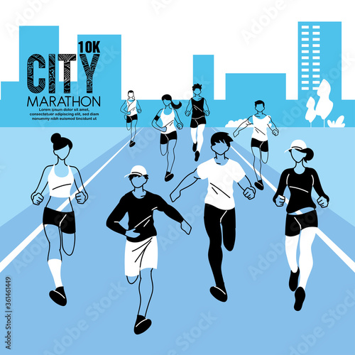Woman and men running and 10k city marathon vector design