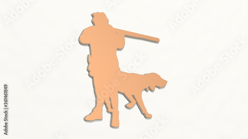 hunter with dog made by 3D illustration of a shiny metallic sculpture on a wall with light background. animal and hunting photo