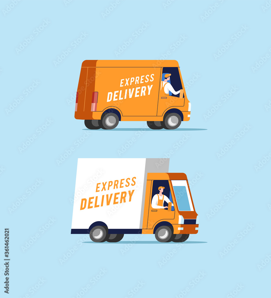 Delivery trucks with men carrying parcels. Vector illustration. Delivery trucks with men carrying parcels. Vector illustration.