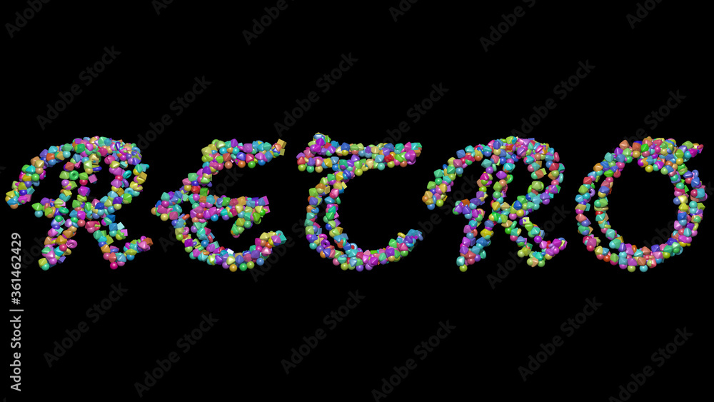 Colorful 3D writing of retro text with small objects over a dark background and matching shadow. illustration and design