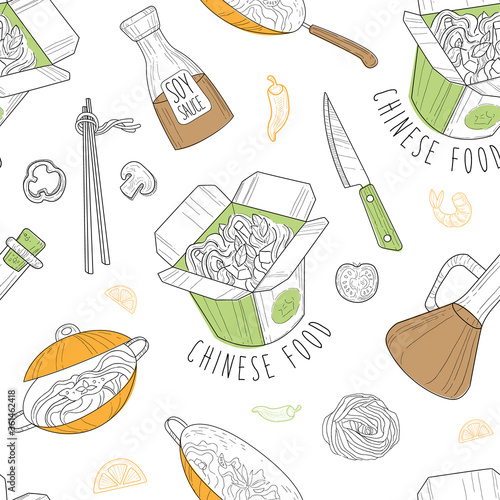 Chinese Food Seamless Pattern, Traditional Asian Cuisine Dishes, Design Element Can Be Used for Fabric, Wallpaper, Packaging, Web Page Vector Illustration