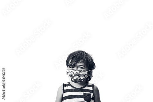 young boy wearing a striped shirt and a mask on a white background in black and white, horizontal