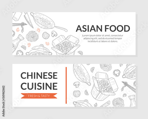 Asian Food, Chinese Cuisine Banner Templates Set, Traditional Asian Menu Restaurant, Cafe Design Element, Flyer, Card, Coupon Vector Illustration