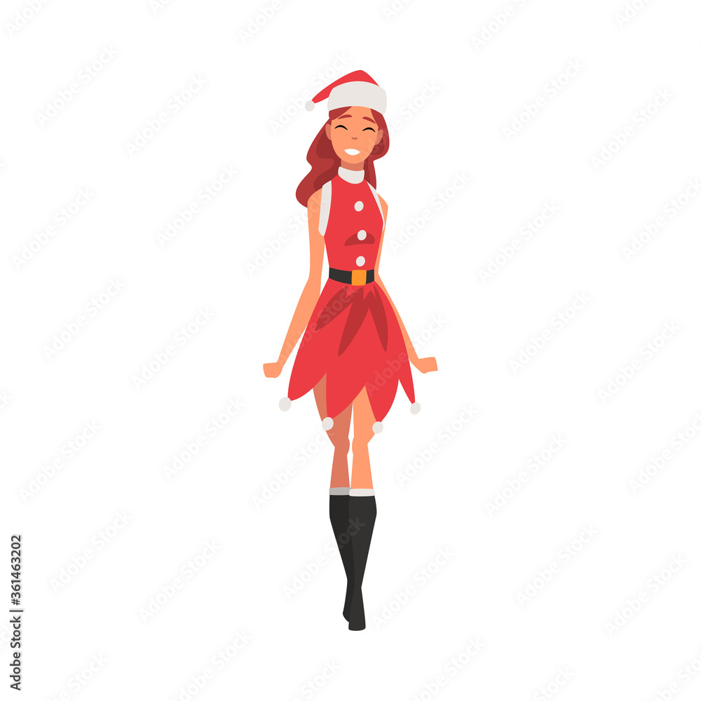Happy Girl Wearing Red Santa Claus Dress and Hat, Young Woman in Elegant Christmas Clothes Vector Illustration Happy Girl Wearing Red Santa Claus Dress and Hat, Young Woman in Elegant Christmas Clothes Vector Illustration