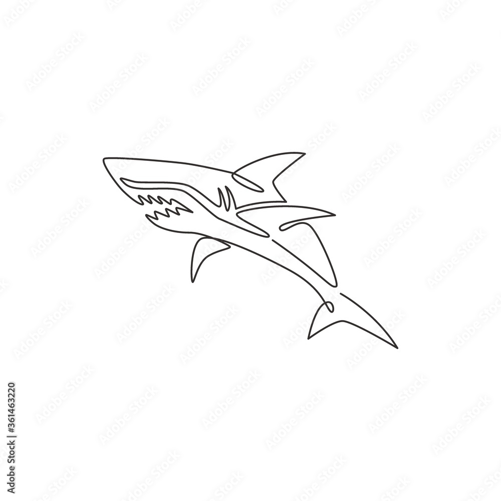 Fototapeta premium Single continuous line drawing of aggressive shark for nature adventure company logo identity. Wildlife sea fish animal concept for safe ocean organization mascot. One line draw design illustration