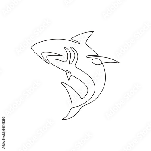 Single continuous line drawing of aggressive shark for nature adventure company logo identity. Wildlife sea fish animal concept for safe ocean organization mascot. One line draw design illustration