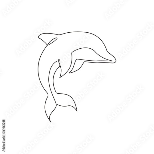 One continuous line drawing of friendly cute dolphin for fish tank aquarium logo identity. Happy mammal animal concept for company mascot. Dynamic single line draw design illustration vector graphic