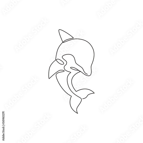 One continuous line drawing of friendly cute dolphin for fish tank aquarium logo identity. Happy mammal animal concept for company mascot. Trendy single line draw vector design graphic illustration