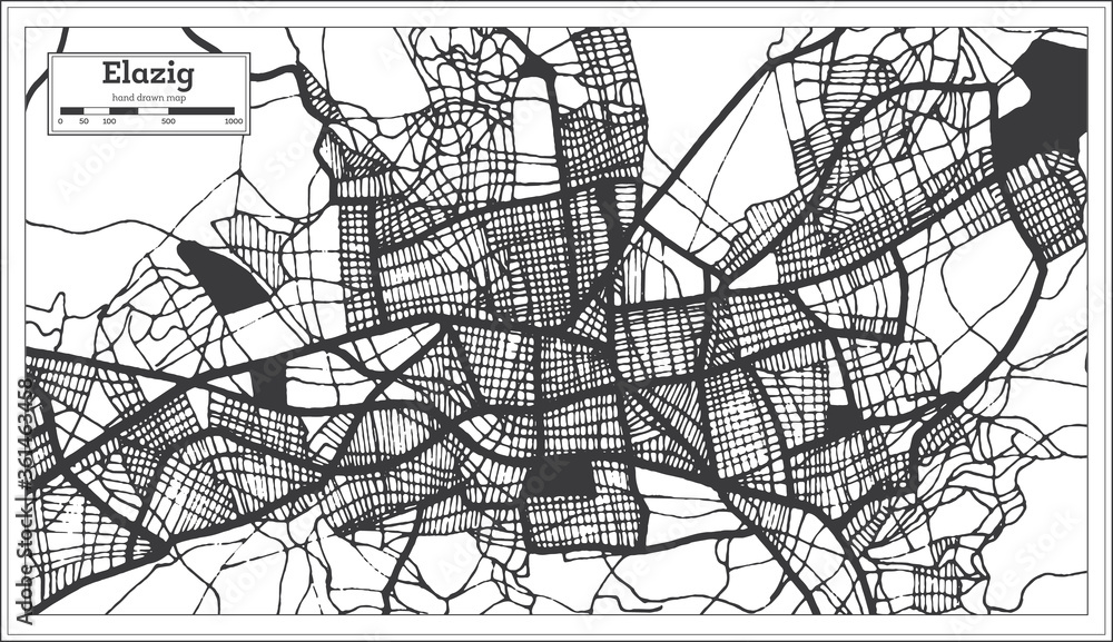 Obraz premium Elazig Turkey City Map in Black and White Color in Retro Style. Outline Map.