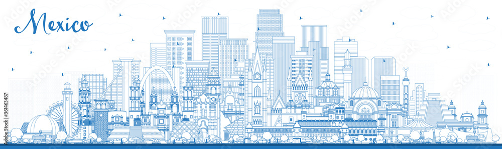 Outline Mexico (Country) City Skyline with Blue Buildings.