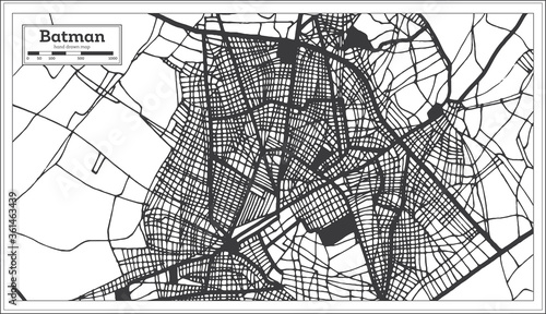 Batman Turkey City Map in Black and White Color in Retro Style. Outline Map.