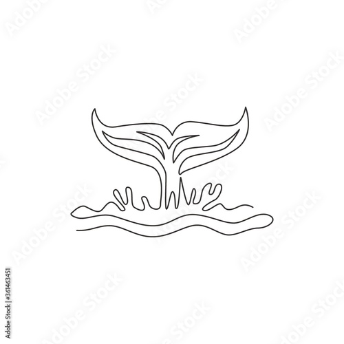 One continuous line drawing of giant tail whale for water aquatic park logo identity. Big ocean mammal animal mascot concept for environment organization. Single line draw design vector illustration