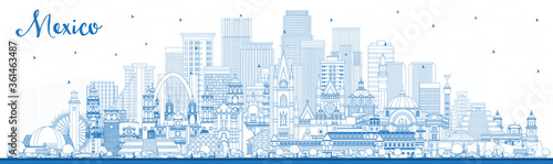 Outline Mexico (Country) City Skyline with Blue Buildings.