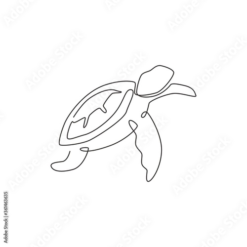 Single continuous line drawing of big turtle for marine corporation logo identity. Large tortoise reptile animal mascot concept for business logotype. One line draw graphic design vector illustration