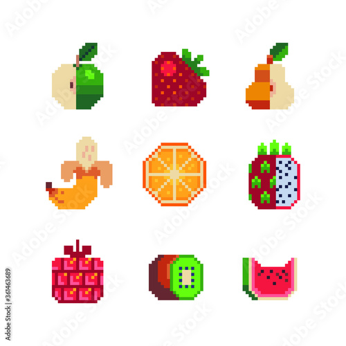 Color fruits pixel art icons set, strawberries, pineapple, banana, apple, pear, pitahaya, orange and watermelon. Design for logo, knitting, embroidery, sticker and app. Isolated vector. © thepolovinkin