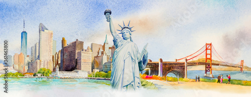 Fotografia Travel Manhattan urban, Statue Liberty, Golden gate bridge in USA