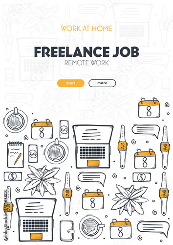 Freelance banner with hand draw doodle background. Popular symbols and elements of remote work.