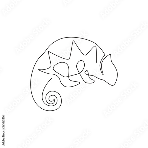 One continuous line drawing of exotic chameleon with spiral tail mascot concept for conservation national park. Rare reptile animal for company logo identity. Continuous line draw design illustration