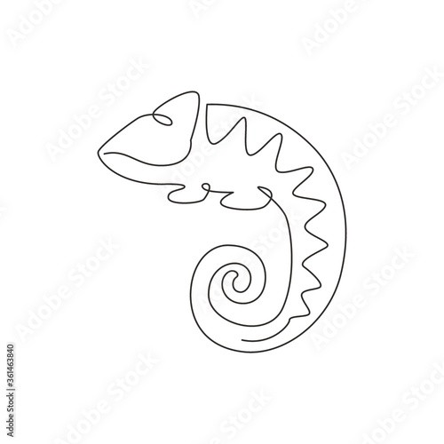 One continuous line drawing of beauty chameleon with spiral tail mascot concept for reptilian pet lover society. Exotic reptile animal for company logo identity. Single line draw design illustration
