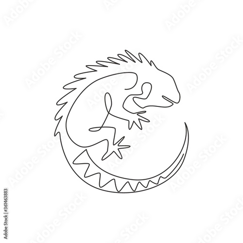 One continuous line drawing of beautiful iguana for company logo identity. Funny reptilian animal mascot concept for pet hobbyist association. Single line draw design vector graphic illustration