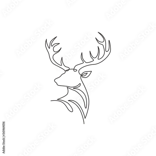 Single continuous line drawing of elegance head deer for national zoo logo identity. Luxury buck mascot concept for animal hunting club. Dynamic one line draw graphic vector design illustration