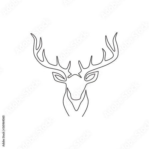 One single line drawing of adorable head deer for company logo identity. Cute reindeer mammal animal mascot concept for public zoo. Trendy continuous line draw vector graphic design illustration