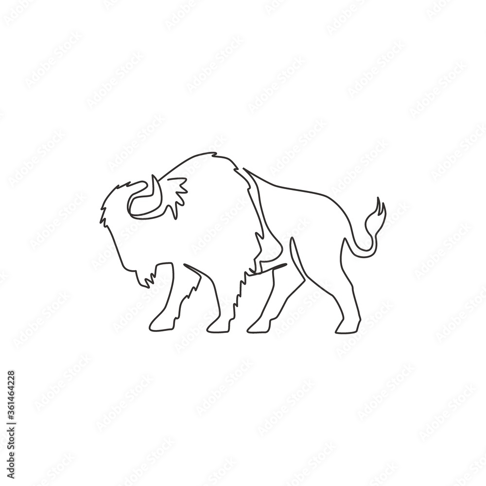 Single continuous line drawing of elegance american bison for multinational company logo identity. Luxury bull mascot concept for matador show. Trendy one line draw vector graphic design illustration