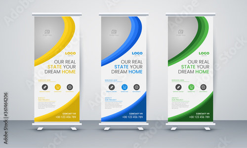 Roll up banner stand template design, blue banner layout, advertisement, pull up, polygon background, vector illustration, advertisement, pull up, x-banner and flag-banner layout, abstract background