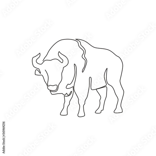 Single continuous line drawing of elegance american bison for multinational company logo identity. Luxury bull mascot concept for matador show. Trendy one line draw design vector graphic illustration