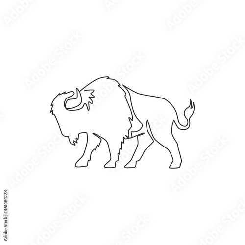 Single continuous line drawing of elegance american bison for multinational company logo identity. Luxury bull mascot concept for matador show. Trendy one line draw vector graphic design illustration