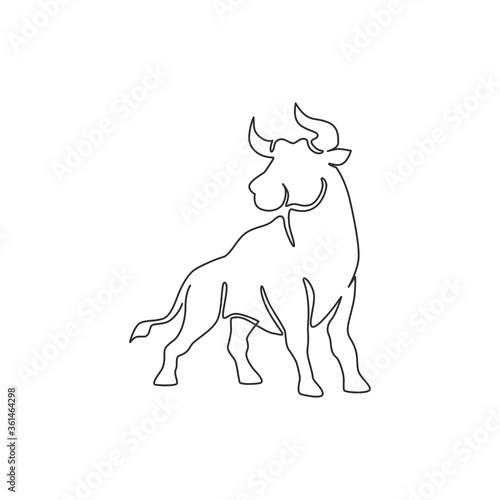 Single continuous line drawing of elegance buffalo for multinational company logo identity. Luxury bull mascot concept for matador show. Trendy one line draw vector graphic design illustration