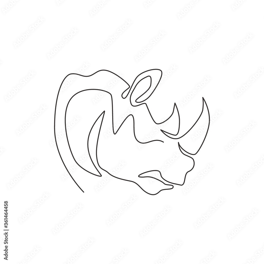 One single line drawing of strong rhinoceros head for conservation national park logo identity. African rhino animal mascot concept for national zoo safari. Continuous line draw design illustration One single line drawing of strong rhinoceros head for conservation national park logo identity. African rhino animal mascot concept for national zoo safari. Continuous line draw design illustration