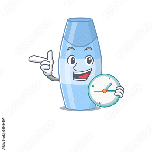 A picture of cheery shampoo holding a clock