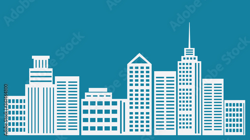 City skyline vector illustration, space for text, light gray building silhouettes on blue background.