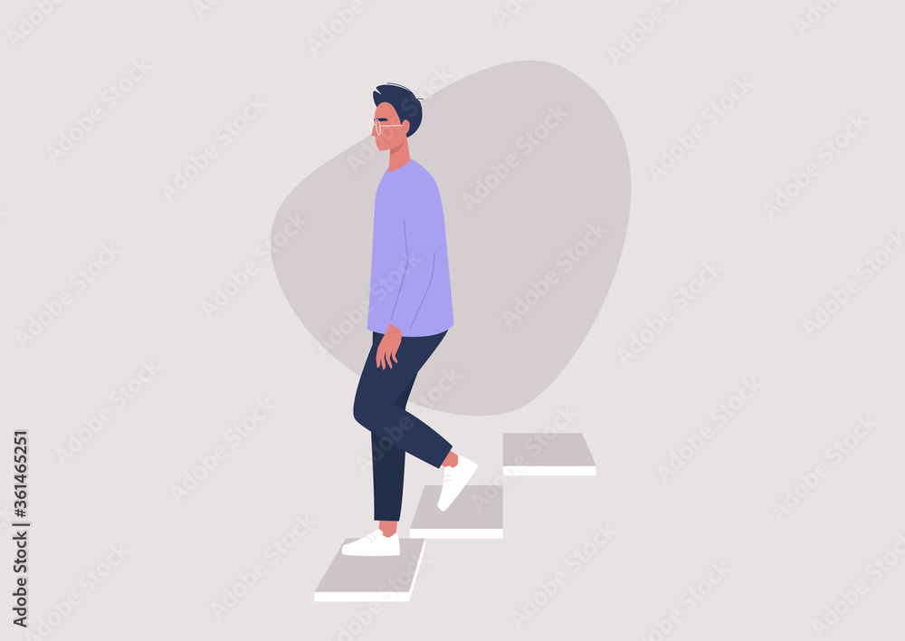 Young male character walking down the stairs, building entrance, daily routine