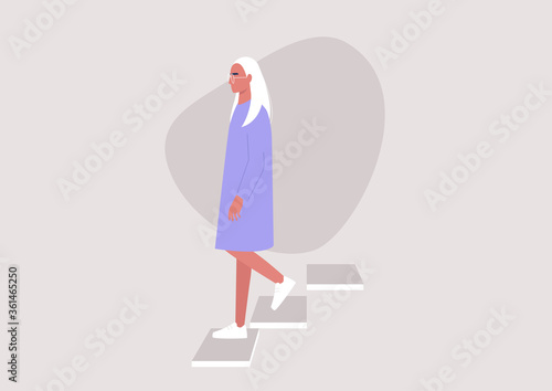 Young female character walking down the stairs, building entrance, daily routine