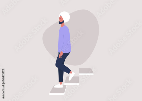 Young indian male character walking down the stairs, building entrance, daily routine