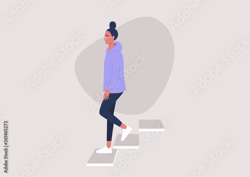 Young female character walking down the stairs, building entrance, daily routine