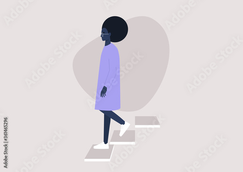 Young black female character walking down the stairs, building entrance, daily routine