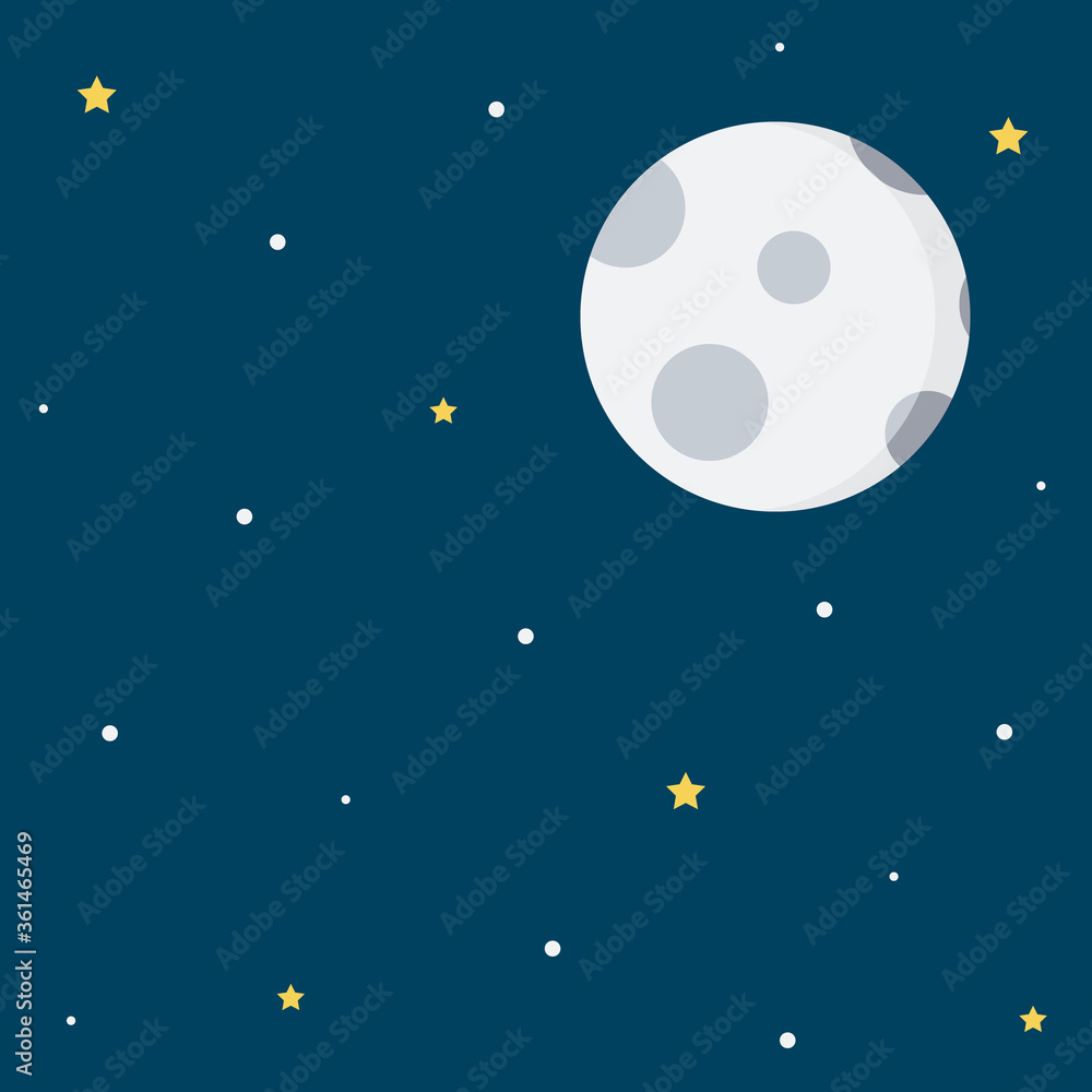 Vector cartoon style illustration with full moon and starry sky. 