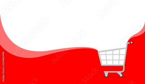 banner red and white copy space for shopping online, icon cart on banner template ad, basket purchase in online shop background, trolley cart symbol for banner e-commerce, cart simple flat advertising