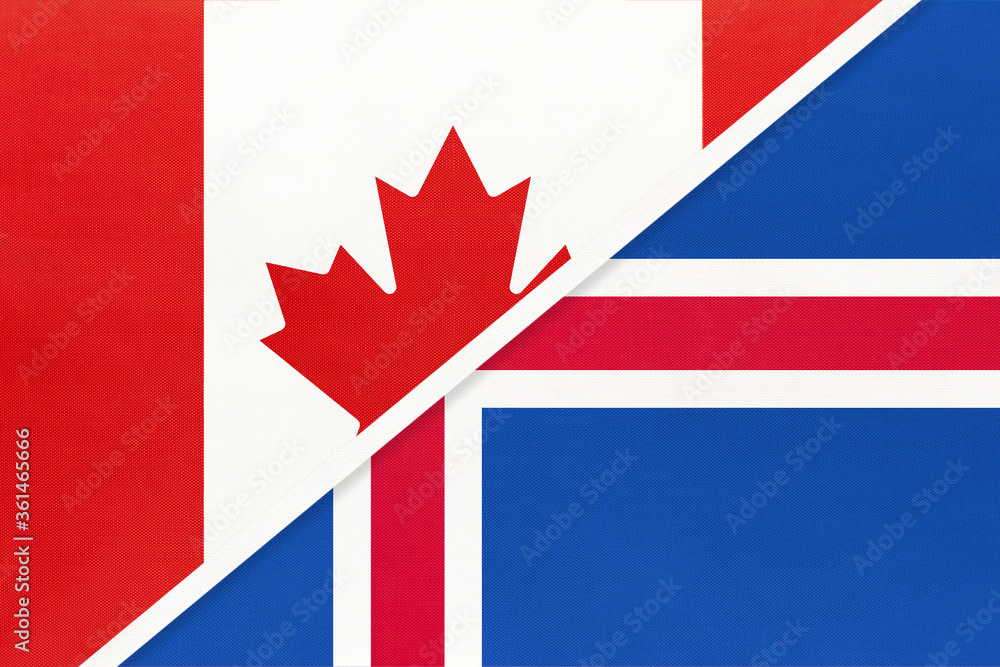 Canada and Iceland, symbol of national flags from textile. Championship between two countries. Canada and Iceland, symbol of national flags from textile. Championship between two countries.